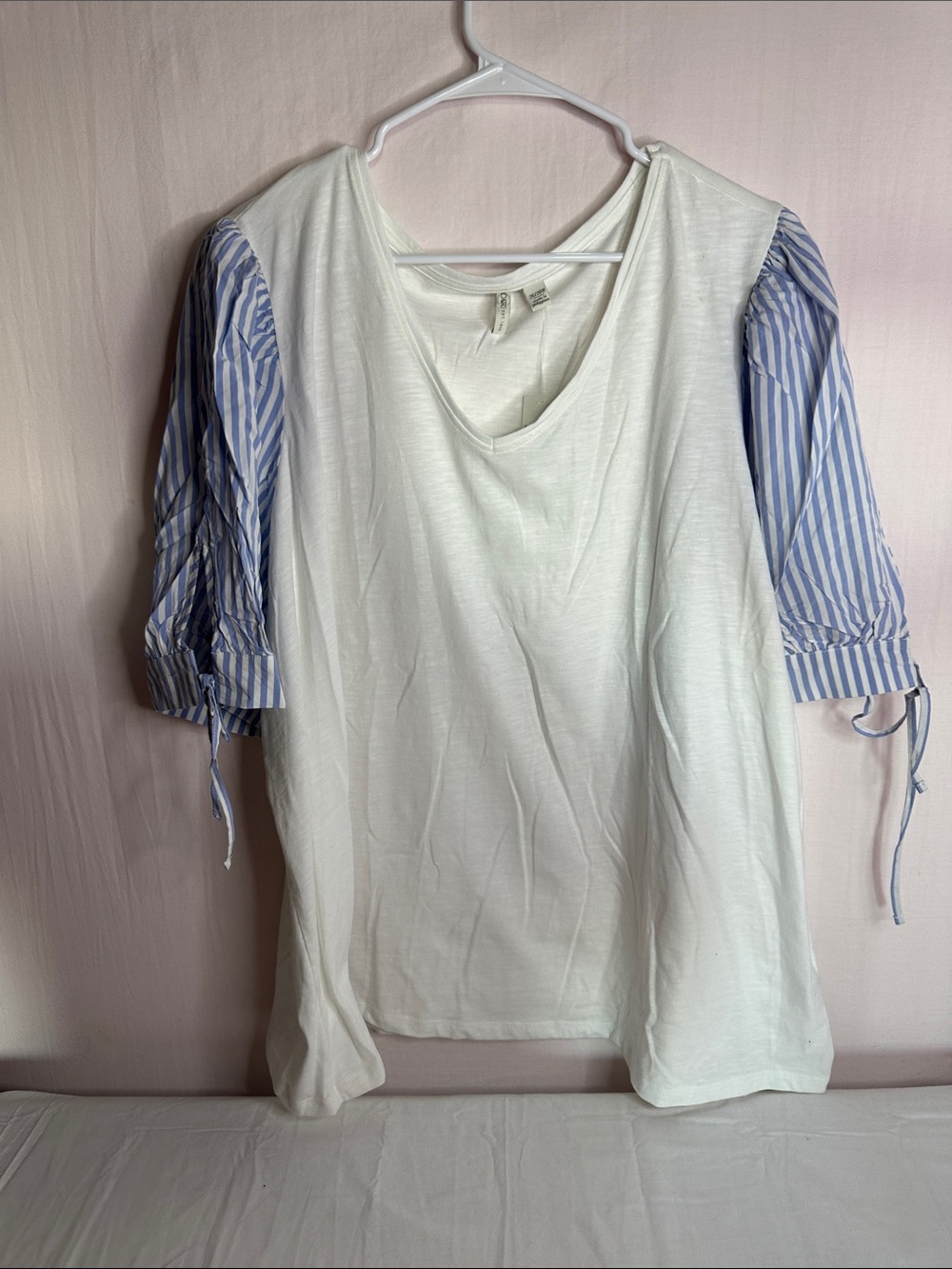Cato White Tee with Blue Striped Puff Sleeves